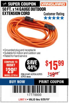 Harbor Freight Coupon 50FT.X14GAUGE OUTDOOR EXTENSION CORD Lot No. 41447/62924/62925 Expired: 9/29/19 - $15.99