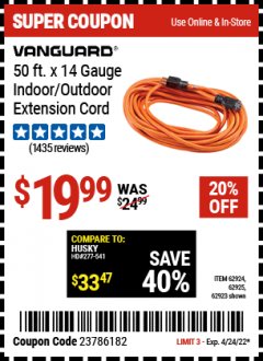 Harbor Freight Coupon 50FT.X14GAUGE OUTDOOR EXTENSION CORD Lot No. 41447/62924/62925 Expired: 4/22/22 - $19.99