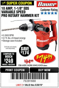 Harbor Freight Coupon BAUER 10 AMP, 1-1/8" SDS VARIABLE SPEED PRO ROTARY HAMMER KIT Lot No. 64287/64288 Expired: 6/30/19 - $74.99