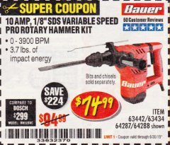 Harbor Freight Coupon BAUER 10 AMP, 1-1/8" SDS VARIABLE SPEED PRO ROTARY HAMMER KIT Lot No. 64287/64288 Expired: 6/30/19 - $74.99