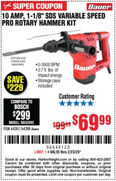 Harbor Freight Coupon BAUER 10 AMP, 1-1/8" SDS VARIABLE SPEED PRO ROTARY HAMMER KIT Lot No. 64287/64288 Expired: 2/23/20 - $69.99