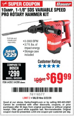 Harbor Freight Coupon BAUER 10 AMP, 1-1/8" SDS VARIABLE SPEED PRO ROTARY HAMMER KIT Lot No. 64287/64288 Expired: 3/22/20 - $69.99
