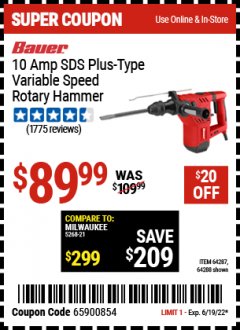Harbor Freight Coupon BAUER 10 AMP, 1-1/8" SDS VARIABLE SPEED PRO ROTARY HAMMER KIT Lot No. 64287/64288 Expired: 6/19/22 - $89.99