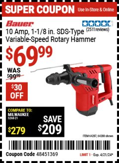 Harbor Freight Coupon BAUER 10 AMP, 1-1/8 IN. SDS-TYPE VARIABLE-SPEED ROTARY HAMMER Lot No. 64288/64287 Expired: 4/21/24 - $69.99