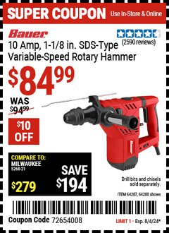 Harbor Freight Coupon BAUER 10 AMP, 1-1/8 IN. SDS-TYPE VARIABLE-SPEED ROTARY HAMMER Lot No. 64288/64287 Expired: 8/4/24 - $84.99