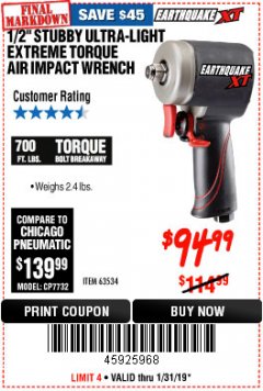 Harbor Freight Coupon 1/2" STUBBY ULTRA-LIGHT EXTREME TORQUE AIR IMPACT WRENCH Lot No. 63534 Expired: 1/31/19 - $94.99