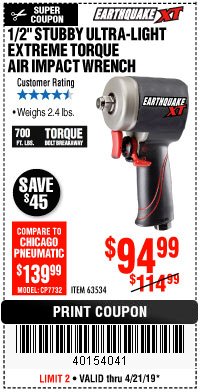 Harbor Freight Coupon 1/2" STUBBY ULTRA-LIGHT EXTREME TORQUE AIR IMPACT WRENCH Lot No. 63534 Expired: 4/21/19 - $94.99