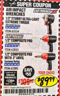 Harbor Freight Coupon 1/2" STUBBY ULTRA-LIGHT EXTREME TORQUE AIR IMPACT WRENCH Lot No. 63534 Expired: 5/31/19 - $89.99