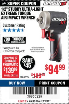 Harbor Freight Coupon 1/2" STUBBY ULTRA-LIGHT EXTREME TORQUE AIR IMPACT WRENCH Lot No. 63534 Expired: 7/21/19 - $94.99