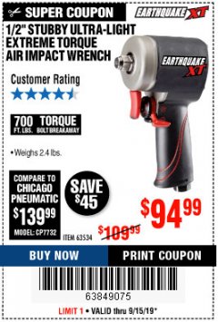 Harbor Freight Coupon 1/2" STUBBY ULTRA-LIGHT EXTREME TORQUE AIR IMPACT WRENCH Lot No. 63534 Expired: 9/15/19 - $94.99