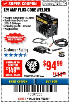 Harbor Freight Coupon 125 AMP FLUX-CORE WELDER Lot No. 63583/63582 Expired: 7/22/18 - $94.99