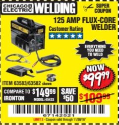 Harbor Freight Coupon 125 AMP FLUX-CORE WELDER Lot No. 63583/63582 Expired: 11/30/18 - $99.99