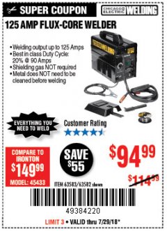 Harbor Freight Coupon 125 AMP FLUX-CORE WELDER Lot No. 63583/63582 Expired: 7/29/18 - $94.99