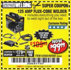 Harbor Freight Coupon 125 AMP FLUX-CORE WELDER Lot No. 63583/63582 Expired: 11/3/18 - $99.99