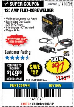 Harbor Freight Coupon 125 AMP FLUX-CORE WELDER Lot No. 63583/63582 Expired: 9/30/18 - $97