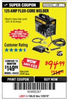 Harbor Freight Coupon 125 AMP FLUX-CORE WELDER Lot No. 63583/63582 Expired: 1/20/19 - $94.99