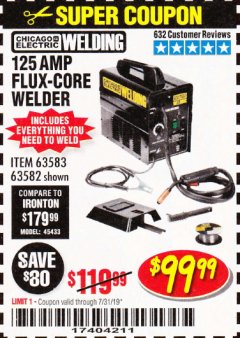 Harbor Freight Coupon 125 AMP FLUX-CORE WELDER Lot No. 63583/63582 Expired: 7/31/19 - $99.99
