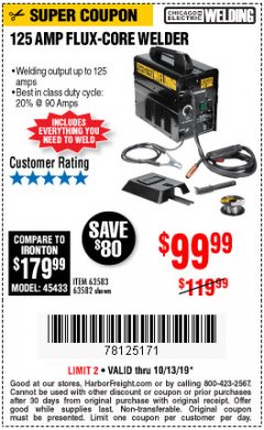 Harbor Freight Coupon 125 AMP FLUX-CORE WELDER Lot No. 63583/63582 Expired: 10/13/19 - $99.99