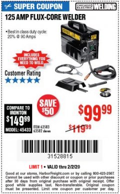 Harbor Freight Coupon 125 AMP FLUX-CORE WELDER Lot No. 63583/63582 Expired: 2/2/20 - $99.99