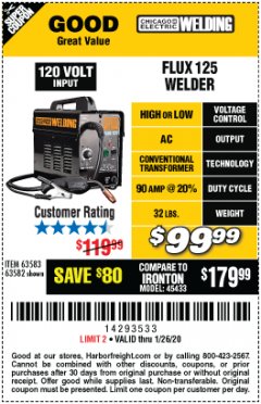Harbor Freight Coupon 125 AMP FLUX-CORE WELDER Lot No. 63583/63582 Expired: 1/26/20 - $99.99