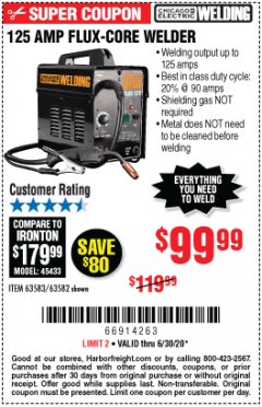 Harbor Freight Coupon 125 AMP FLUX-CORE WELDER Lot No. 63583/63582 Expired: 6/30/20 - $99.99