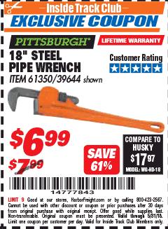 Harbor Freight ITC Coupon 18" STEEL PIPE WRENCH Lot No. 39644/61350 Expired: 5/31/18 - $6.99