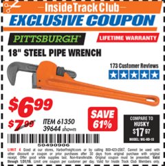 Harbor Freight ITC Coupon 18" STEEL PIPE WRENCH Lot No. 39644/61350 Expired: 1/31/19 - $6.99