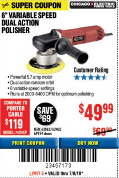 Harbor Freight Coupon BAUER 6" VARIABLE SPEED DUAL ACTION POLISHER Lot No. 69924/62862/64528/64529 Expired: 7/8/18 - $49.99
