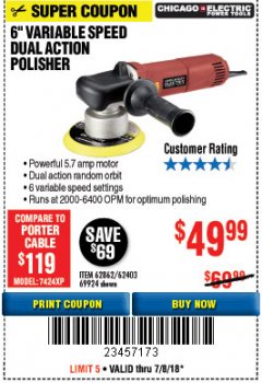 Harbor Freight Coupon BAUER 6" VARIABLE SPEED DUAL ACTION POLISHER Lot No. 69924/62862/64528/64529 Expired: 7/8/18 - $49.99