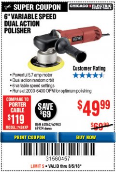 Harbor Freight Coupon BAUER 6" VARIABLE SPEED DUAL ACTION POLISHER Lot No. 69924/62862/64528/64529 Expired: 8/5/18 - $49.99
