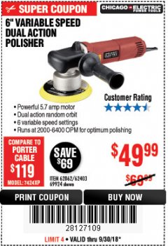 Harbor Freight Coupon BAUER 6" VARIABLE SPEED DUAL ACTION POLISHER Lot No. 69924/62862/64528/64529 Expired: 9/30/18 - $49.99