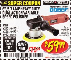 Harbor Freight Coupon BAUER 6" VARIABLE SPEED DUAL ACTION POLISHER Lot No. 69924/62862/64528/64529 Expired: 7/31/19 - $59.99