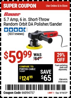 Harbor Freight Coupon BAUER 6" VARIABLE SPEED DUAL ACTION POLISHER Lot No. 69924/62862/64528/64529 Expired: 9/18/22 - $59.99