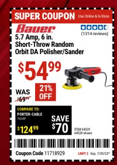 Harbor Freight Coupon BAUER 6" VARIABLE SPEED DUAL ACTION POLISHER Lot No. 69924/62862/64528/64529 Expired: 7/30/23 - $54.99