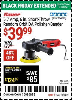 Harbor Freight Coupon BAUER 6" VARIABLE SPEED DUAL ACTION POLISHER Lot No. 69924/62862/64528/64529 Expired: 12/3/23 - $39.99