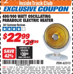 Harbor Freight ITC Coupon ONE STOP GARDENS WINTER 400/900 WATT OSCILLATING PARABOLIC HEATER Lot No. 62313 Expired: 1/31/19 - $22.99