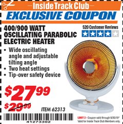 Harbor Freight ITC Coupon ONE STOP GARDENS WINTER 400/900 WATT OSCILLATING PARABOLIC HEATER Lot No. 62313 Expired: 9/30/19 - $27.99