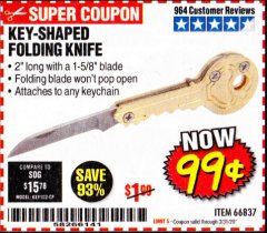 Harbor Freight Coupon KEY-SHAPED FOLDING KNIFE Lot No. 66837 Expired: 3/31/20 - $0.99