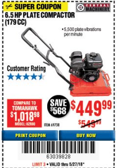 Harbor Freight Coupon 6.5 HP PLATE COMPACTOR (179 CC) Lot No. 66571/69738 Expired: 5/27/18 - $449.99