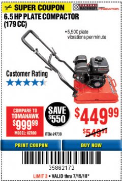 Harbor Freight Coupon 6.5 HP PLATE COMPACTOR (179 CC) Lot No. 66571/69738 Expired: 7/15/18 - $449.99