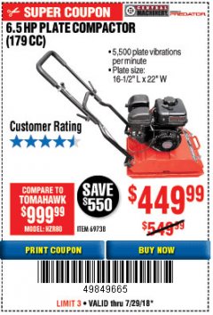 Harbor Freight Coupon 6.5 HP PLATE COMPACTOR (179 CC) Lot No. 66571/69738 Expired: 7/29/18 - $449.99