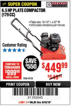 Harbor Freight Coupon 6.5 HP PLATE COMPACTOR (179 CC) Lot No. 66571/69738 Expired: 9/16/18 - $449.99