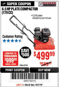 Harbor Freight Coupon 6.5 HP PLATE COMPACTOR (179 CC) Lot No. 66571/69738 Expired: 10/7/18 - $499.99
