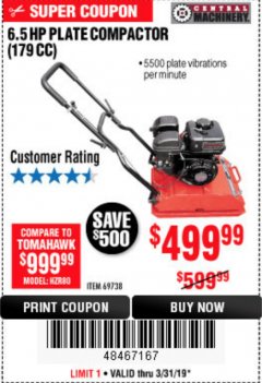Harbor Freight Coupon 6.5 HP PLATE COMPACTOR (179 CC) Lot No. 66571/69738 Expired: 3/31/19 - $499.99