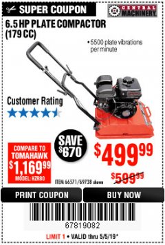 Harbor Freight Coupon 6.5 HP PLATE COMPACTOR (179 CC) Lot No. 66571/69738 Expired: 5/5/19 - $499.99