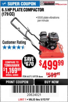 Harbor Freight Coupon 6.5 HP PLATE COMPACTOR (179 CC) Lot No. 66571/69738 Expired: 5/12/19 - $499.99