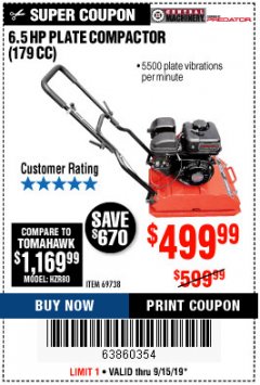 Harbor Freight Coupon 6.5 HP PLATE COMPACTOR (179 CC) Lot No. 66571/69738 Expired: 9/15/19 - $499.99