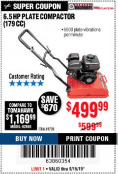 Harbor Freight Coupon 6.5 HP PLATE COMPACTOR (179 CC) Lot No. 66571/69738 Expired: 9/15/19 - $499.99