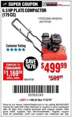 Harbor Freight Coupon 6.5 HP PLATE COMPACTOR (179 CC) Lot No. 66571/69738 Expired: 11/3/19 - $499.99
