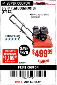 Harbor Freight Coupon 6.5 HP PLATE COMPACTOR (179 CC) Lot No. 66571/69738 Expired: 11/3/19 - $499.99